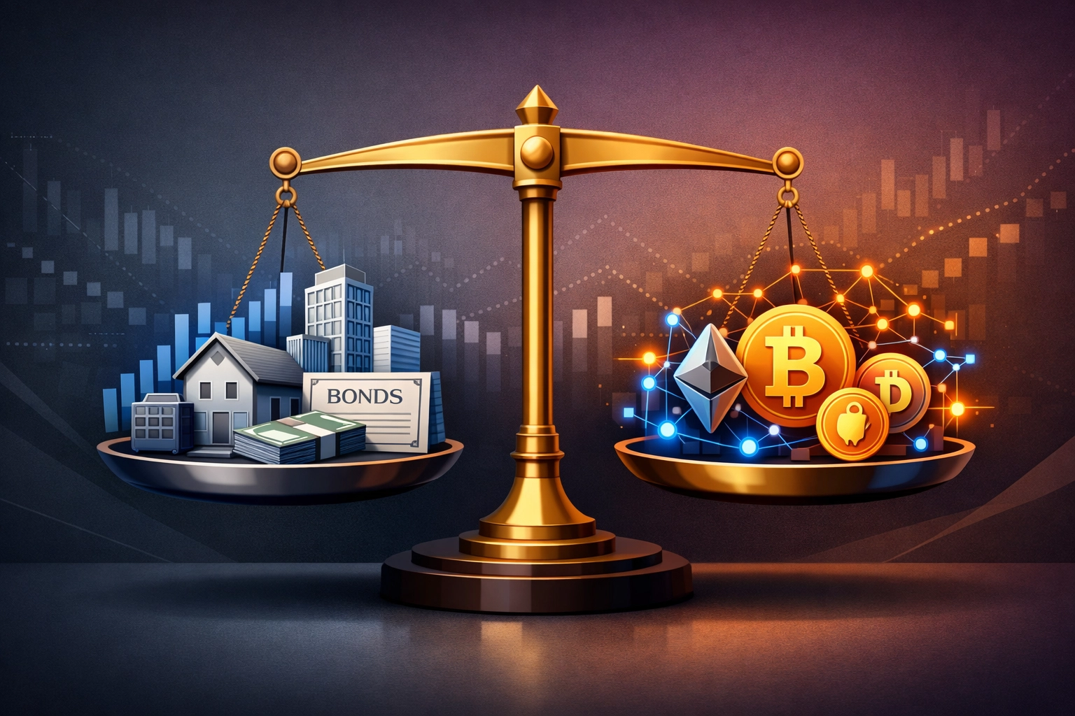 Balanced investment scale comparing traditional assets with digital cryptocurrency allocations