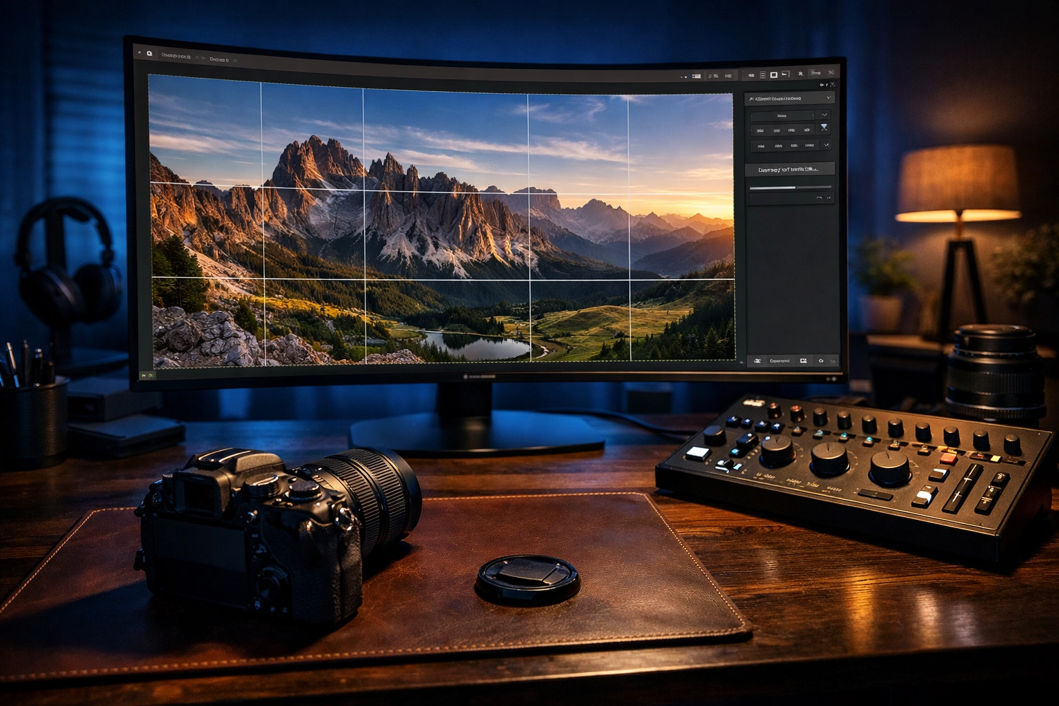 Workspace showing rule of thirds grid on a landscape for the ultimate guide to photo editing.