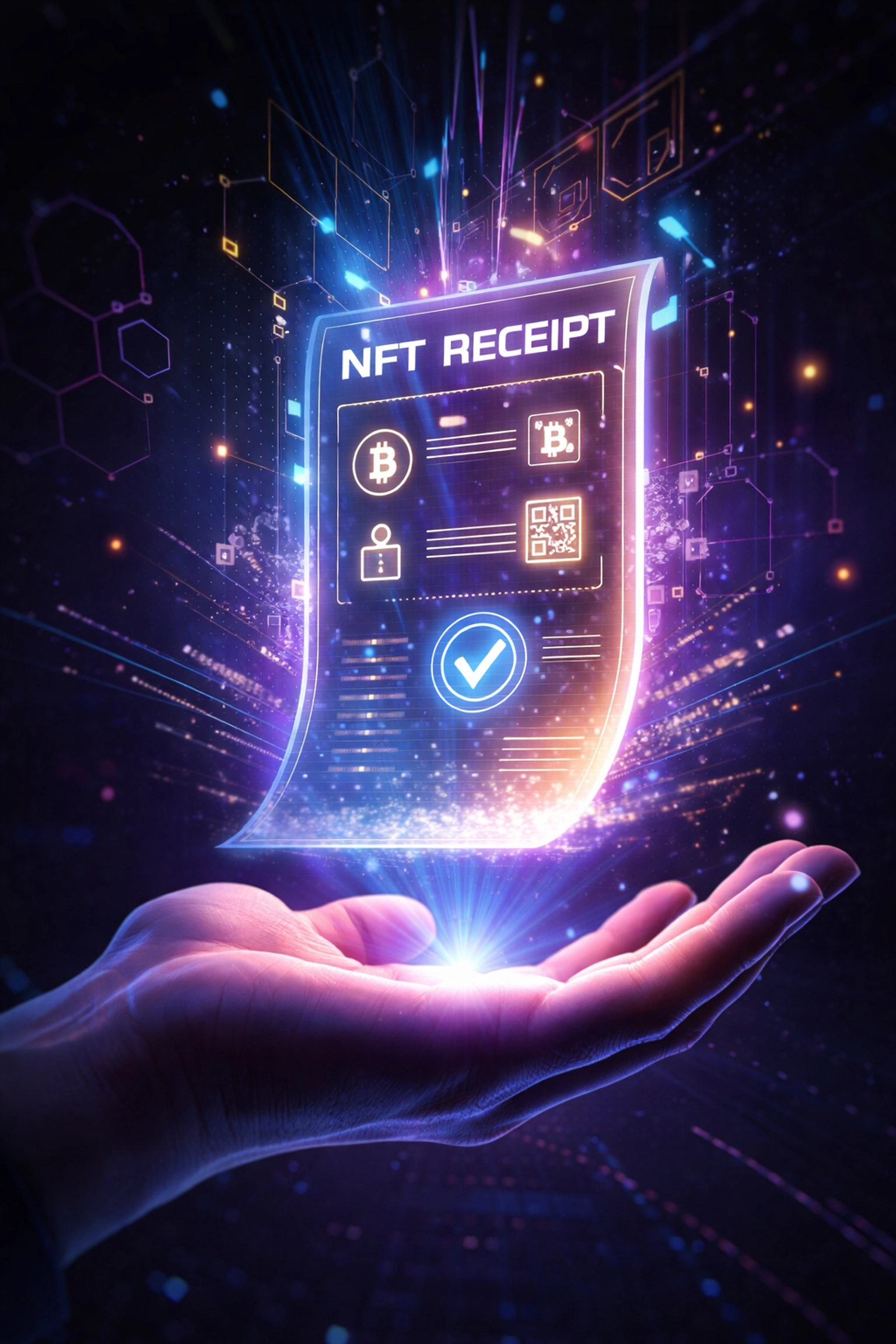 A glowing digital NFT receipt above a hand, representing secure blockchain transaction proof for crypto payments.