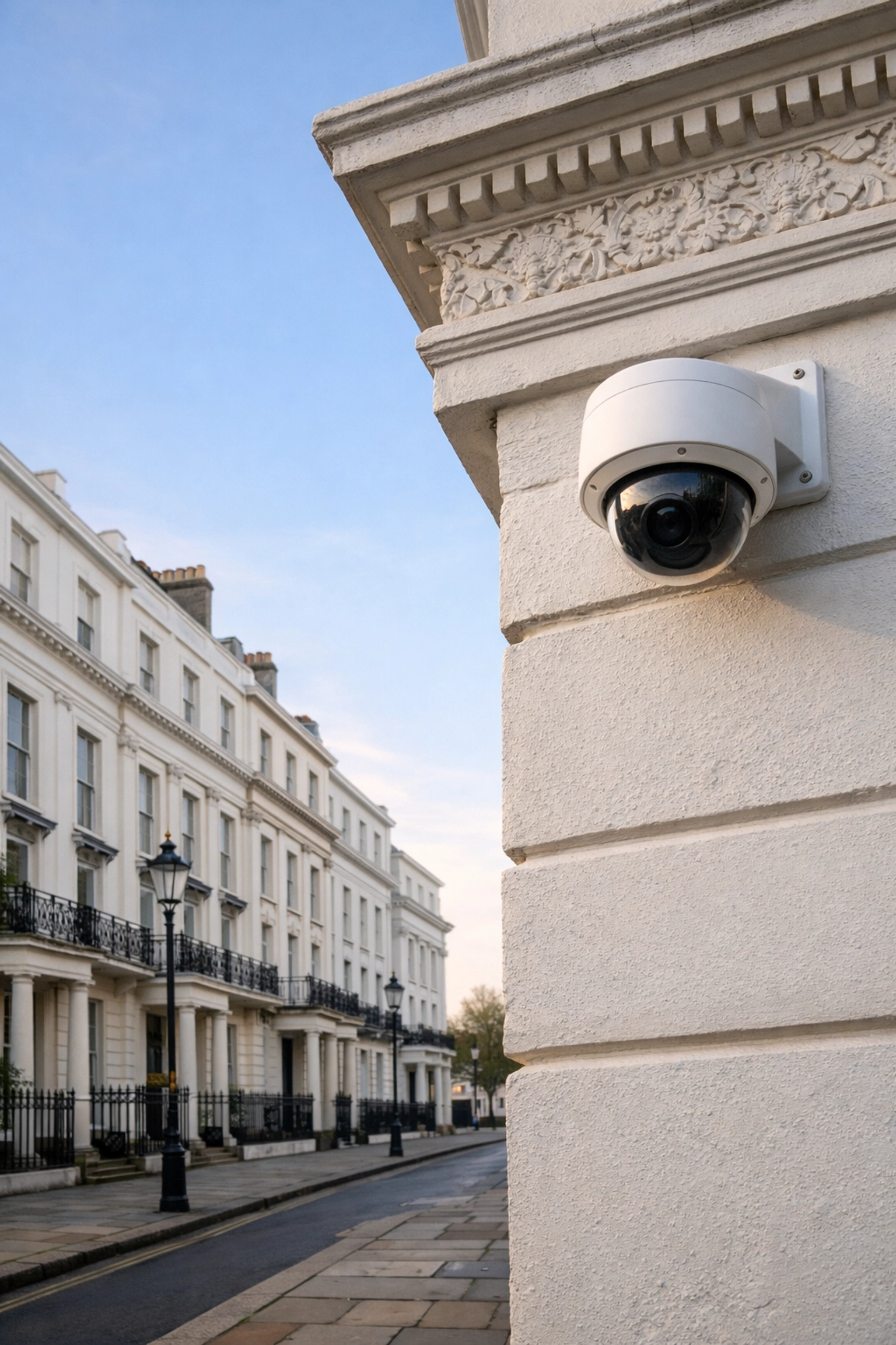 Professional CCTV installation on a historic Regency building in Cheltenham, UK.