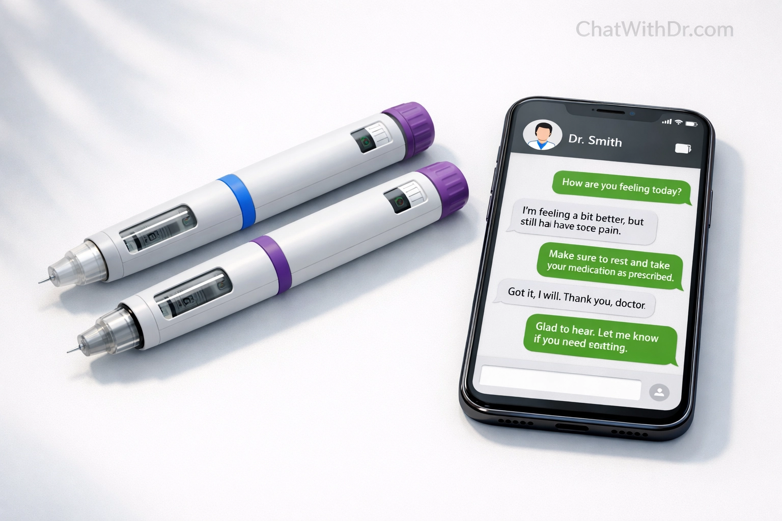 Wegovy and Zepbound injection pens with smartphone showing online weight loss consultation chat