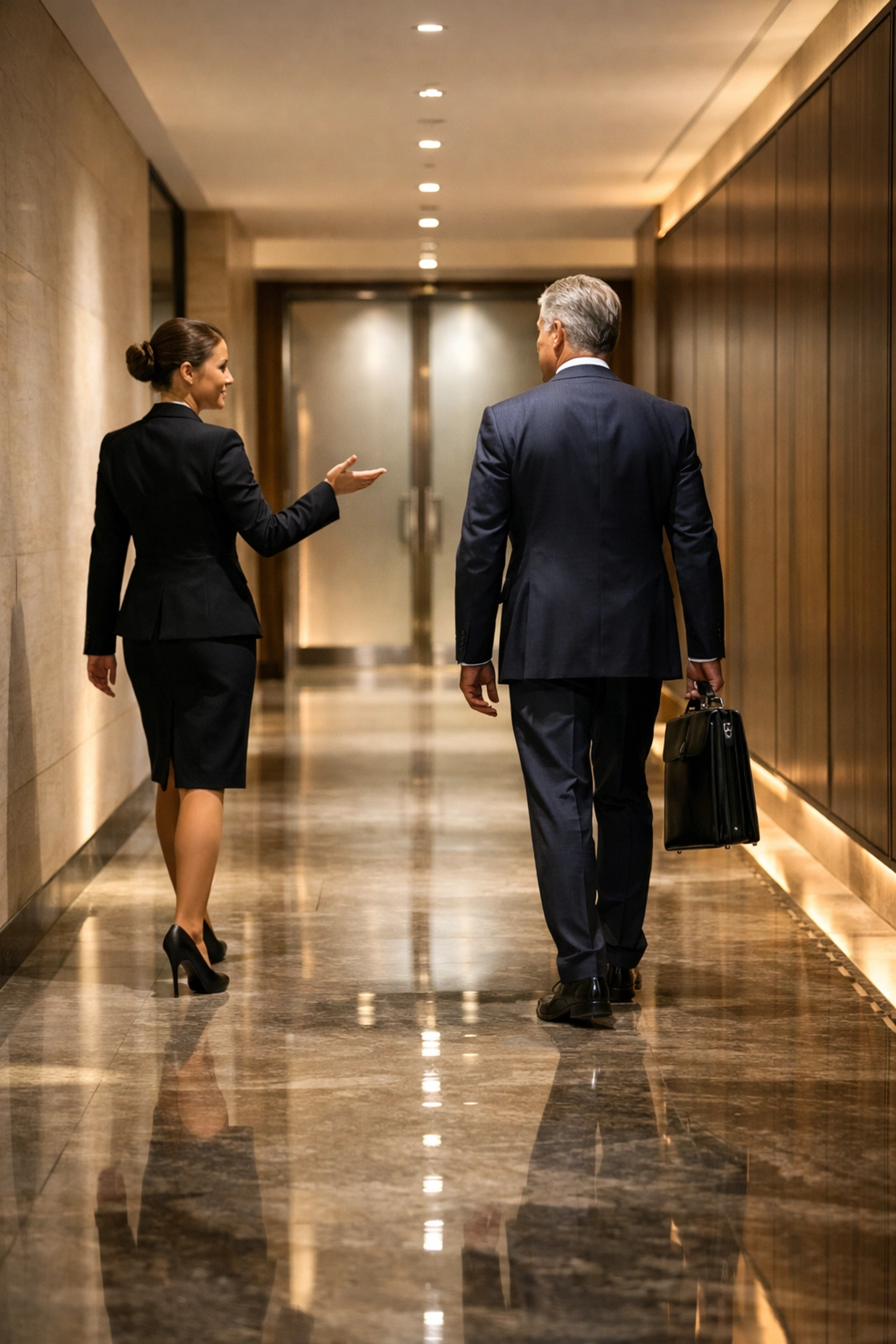 Executive being escorted through a private VIP stadium corridor for secure event access.
