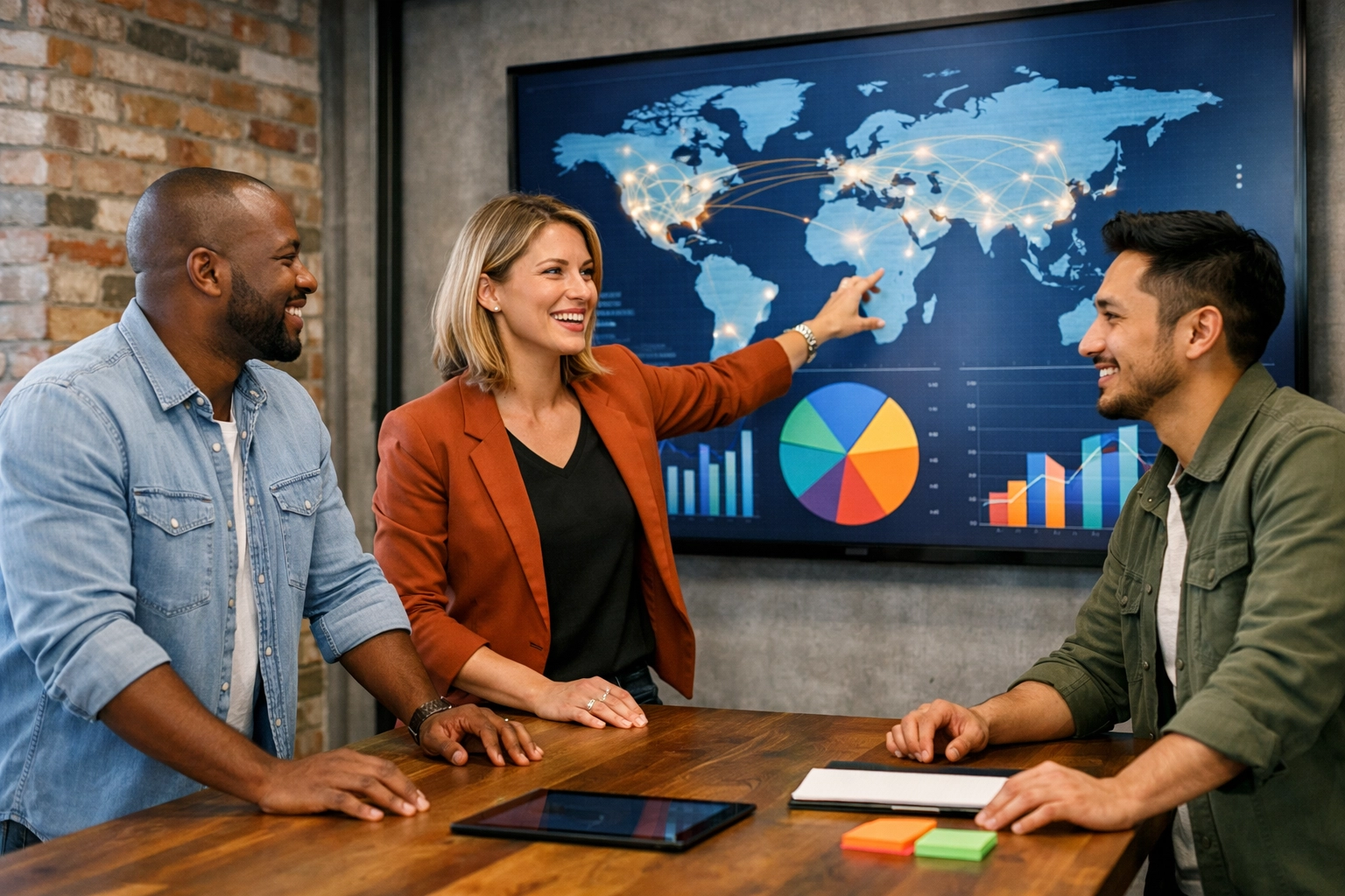 Marketing professionals in a strategy session discussing sponsorship activation and digital media consulting.