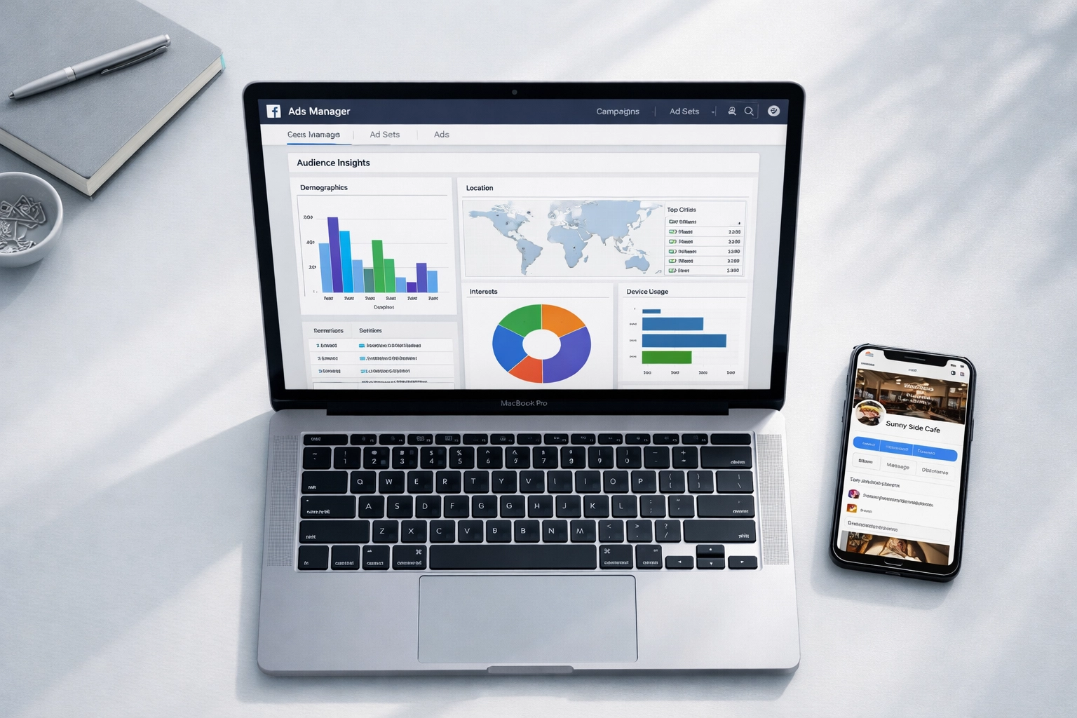 Facebook Ads Manager dashboard showing retargeting campaign audience segments for local business