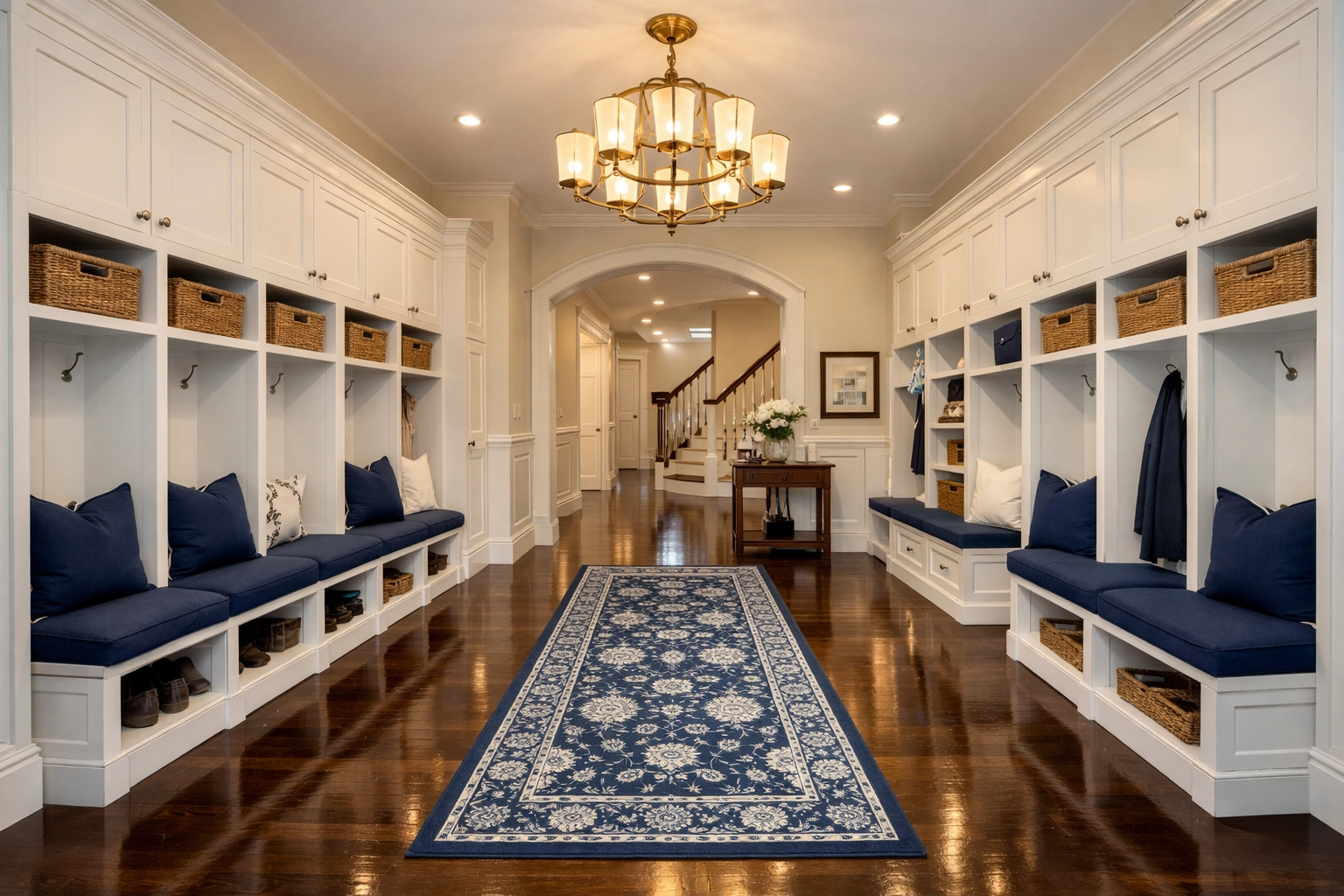 Polished hardwood floors in a Boxford estate entryway after professional luxury house cleaning in Boxford.