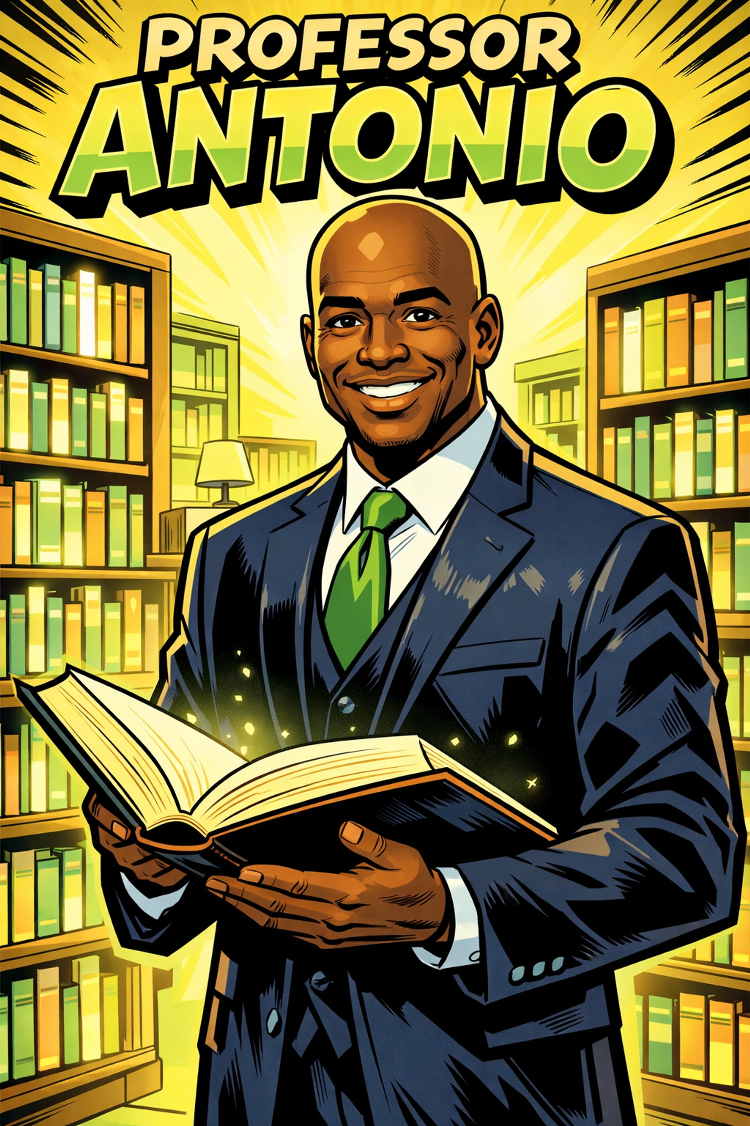 Professor Antonio in a scholarly library holding an open book for the CRC Word of the Day series.