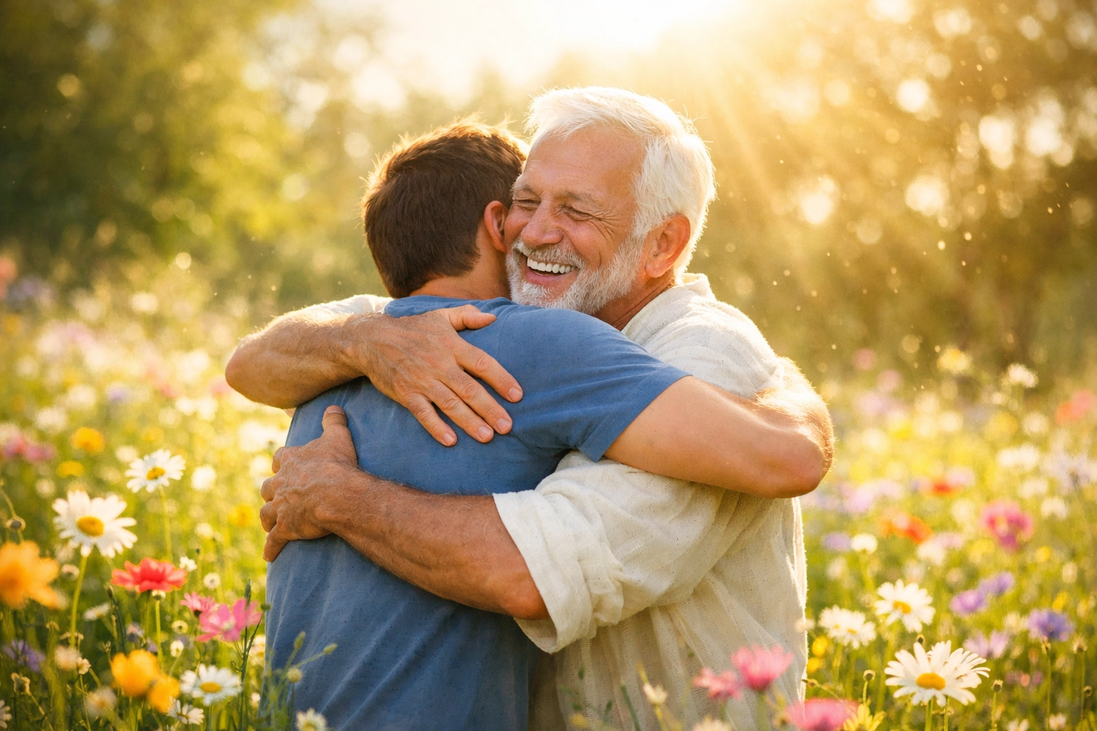 Joyful reunion of loved ones in a peaceful meadow, symbolizing resurrection and hope at First Assembly Memphis.