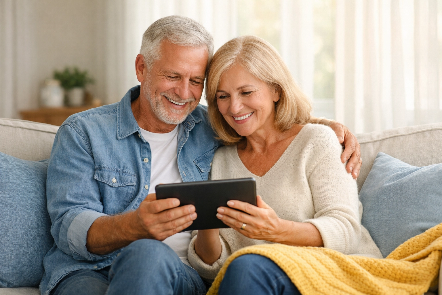 Senior couple considering legacy giving and planned gift options on tablet