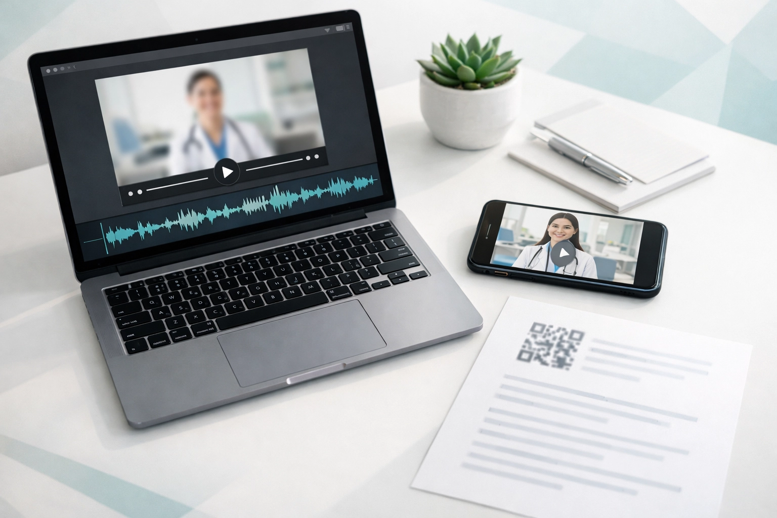 Professional desk with video SEO tools demonstrating the performance impact of video marketing for rehabs.