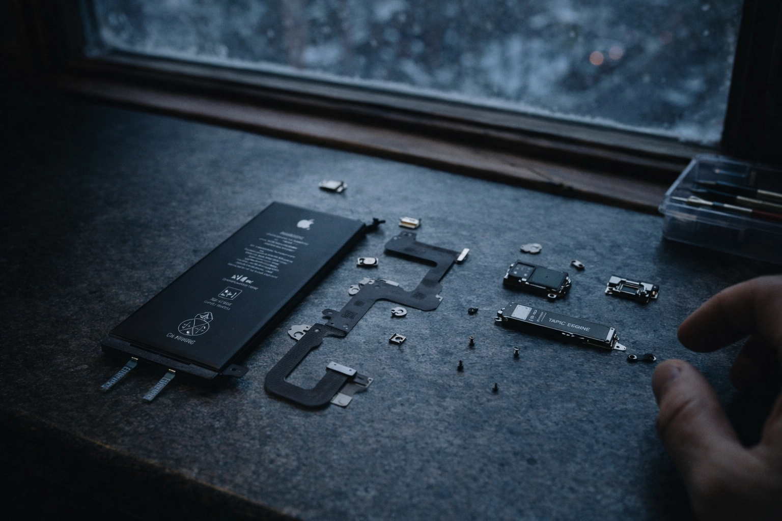 Deconstructed iPhone battery and internal components on repair workbench in snowy Brooklyn