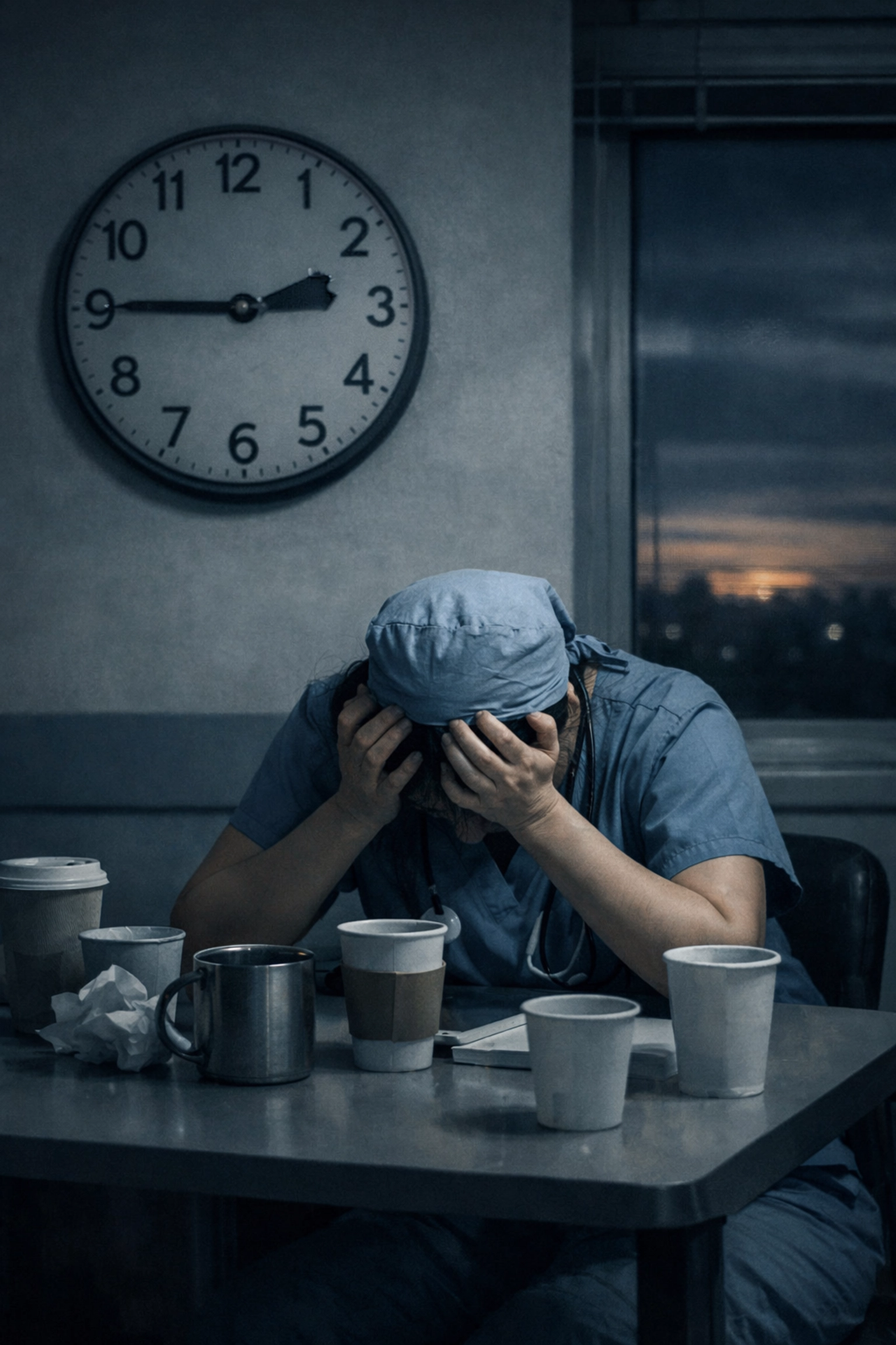 Exhausted nurse during overnight shift showing effects of hospital understaffing and fatigue