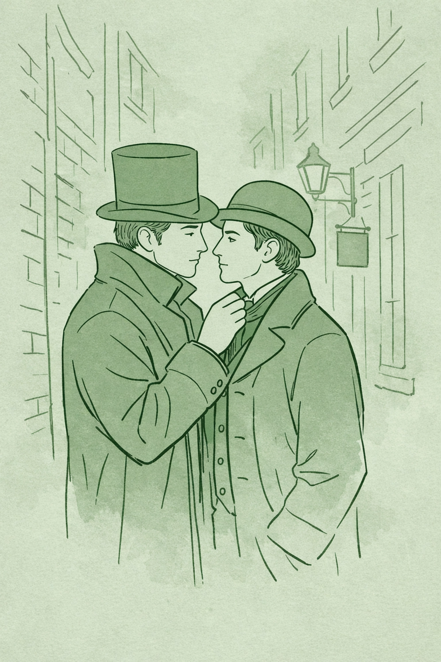 Victorian gay couple sharing a secret romantic moment in a historic Soho alleyway.