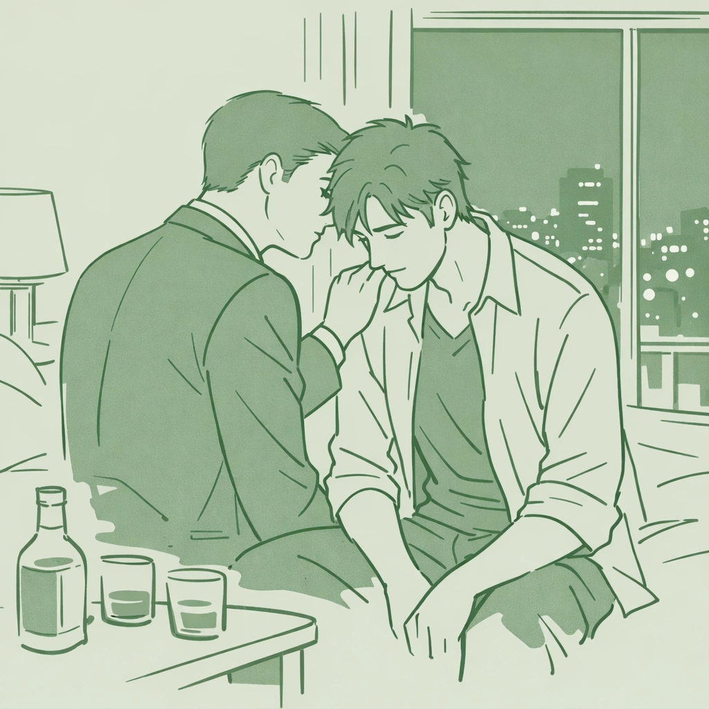 Two men share intimate moment in hotel suite - political MM romance with tension and secrets