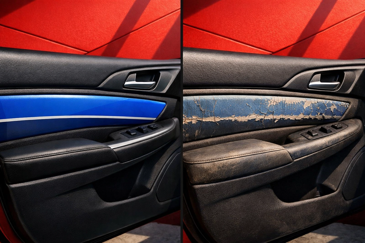 Comparison of new durable vinyl stripe versus faded peeling vehicle decal showing quality difference