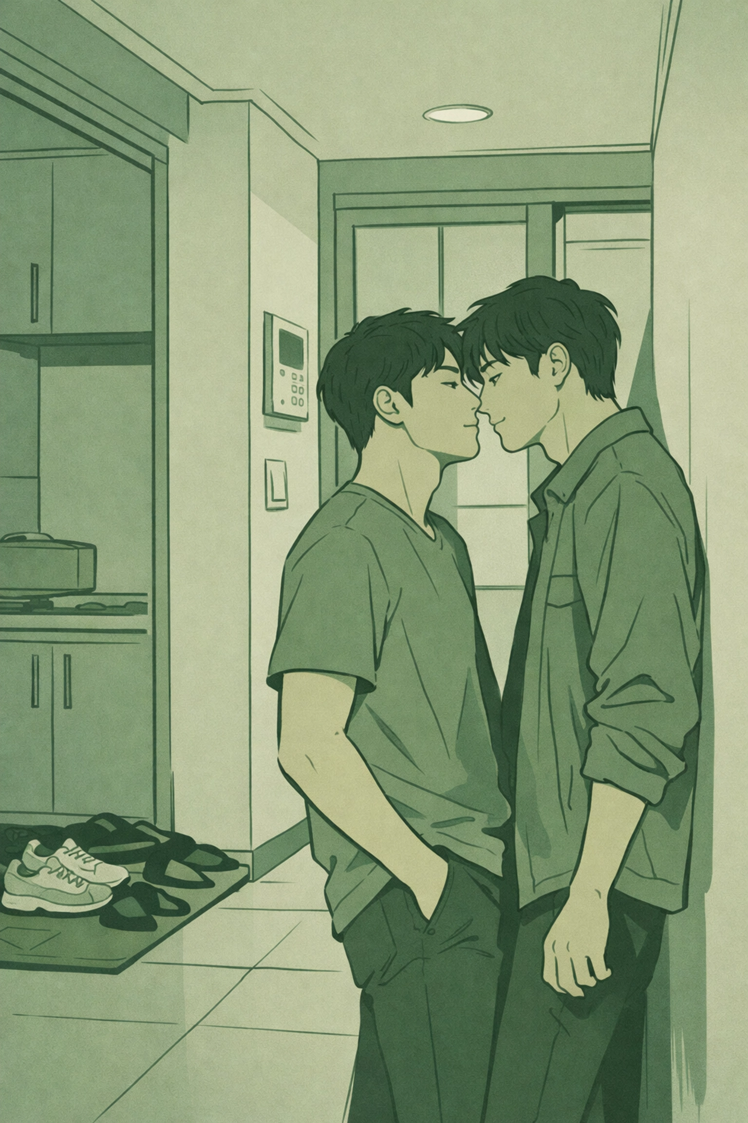 Two Korean men in private intimate moment in cramped Seoul apartment hallway