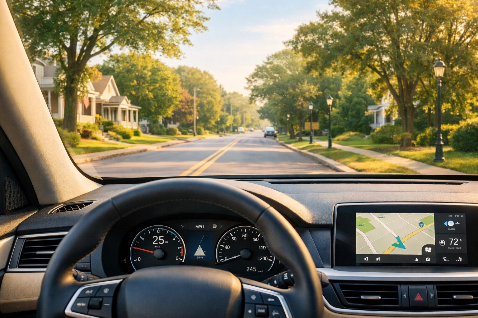Driver's view of safe Pennsylvania suburban street through car windshield