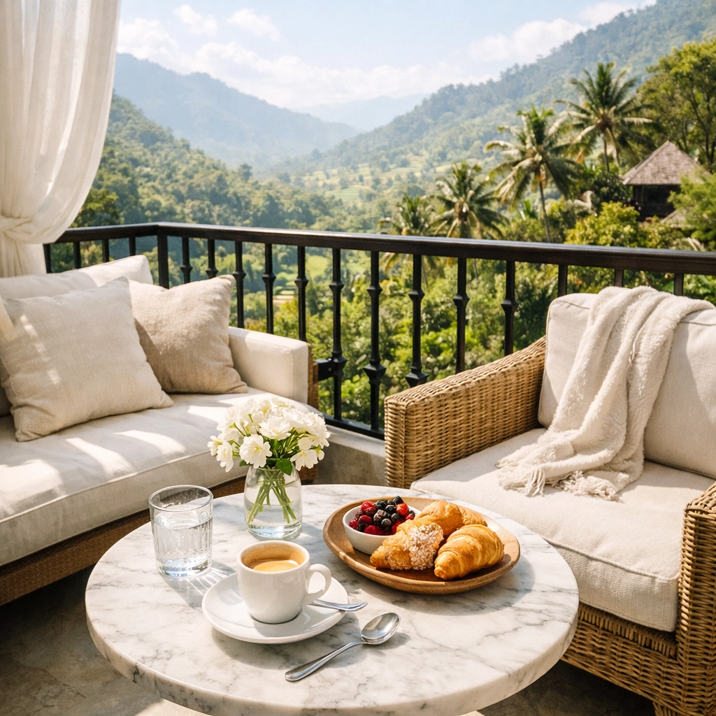 Sun-drenched private balcony at a boutique luxury hotel overlooking a lush tropical valley landscape.