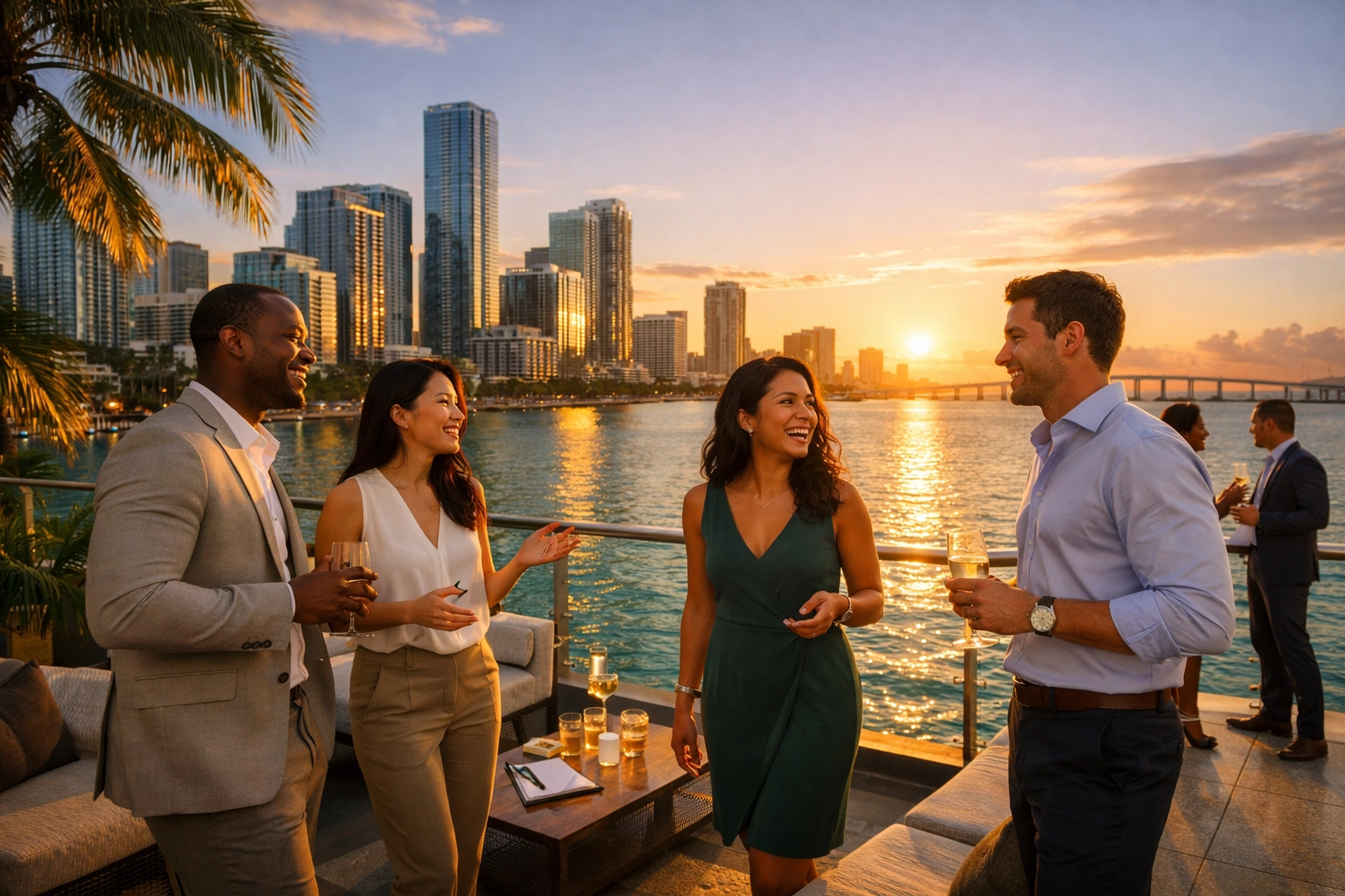 Commercial lifestyle photography featuring professionals on a Brickell terrace during magic hour in Miami.