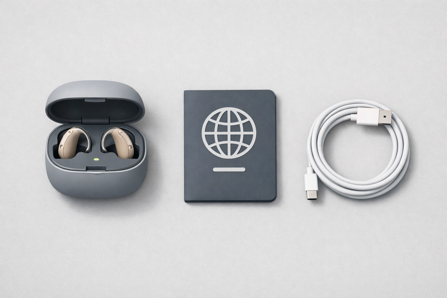 Travel essentials featuring a hearing aid charging case and international travel documents.