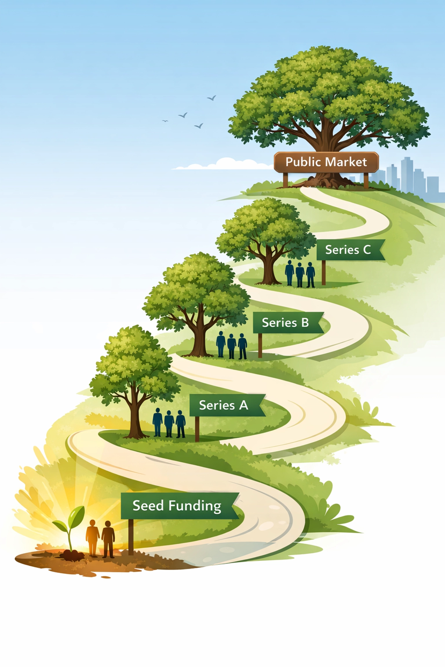 Investment growth stages from early-stage startup to public market exit