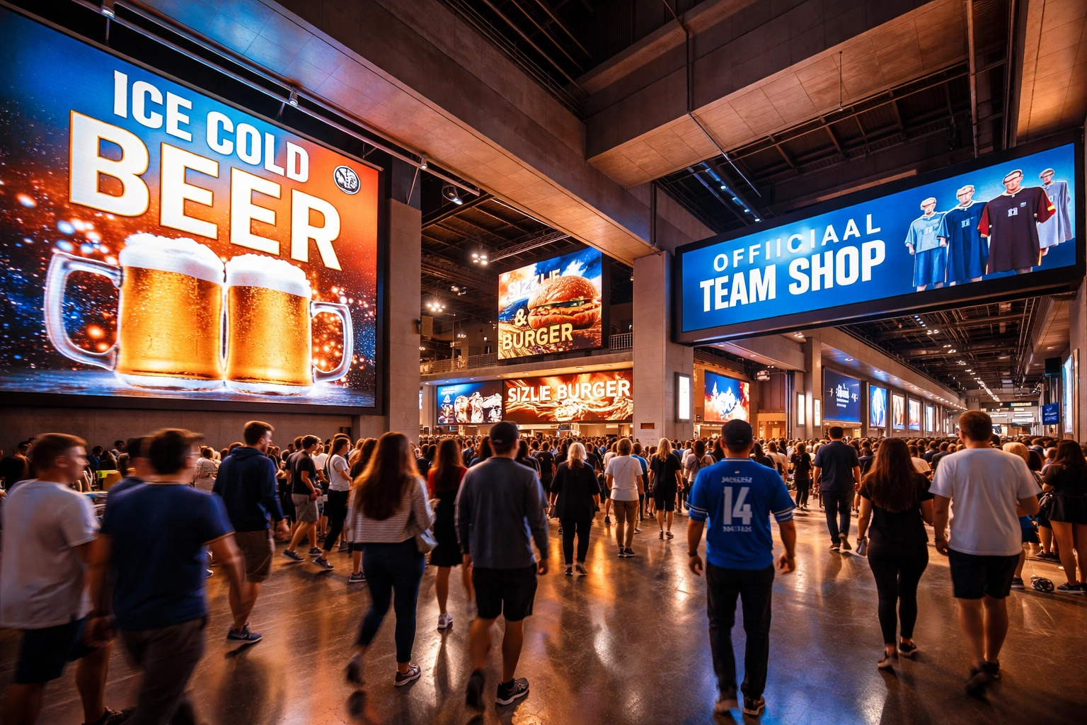 Stadium concourse with fans walking past digital signage screens displaying dynamic sports advertising content