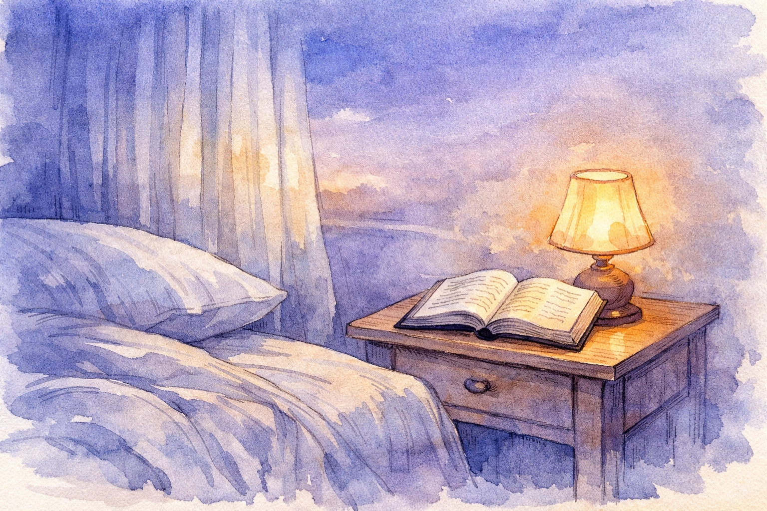 Peaceful bedroom at twilight with open Bible and lamp for nighttime spiritual practice
