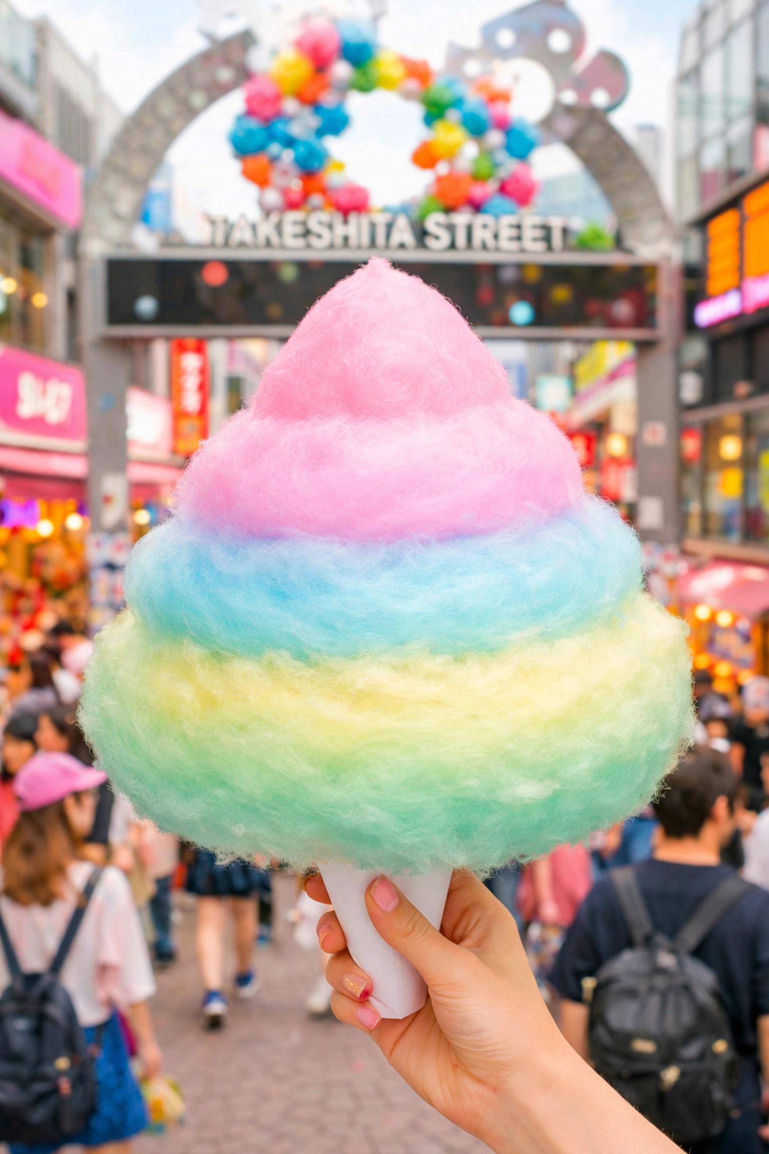 Iconic rainbow cotton candy on Takeshita Street, a popular Instagrammable food spot in Harajuku.