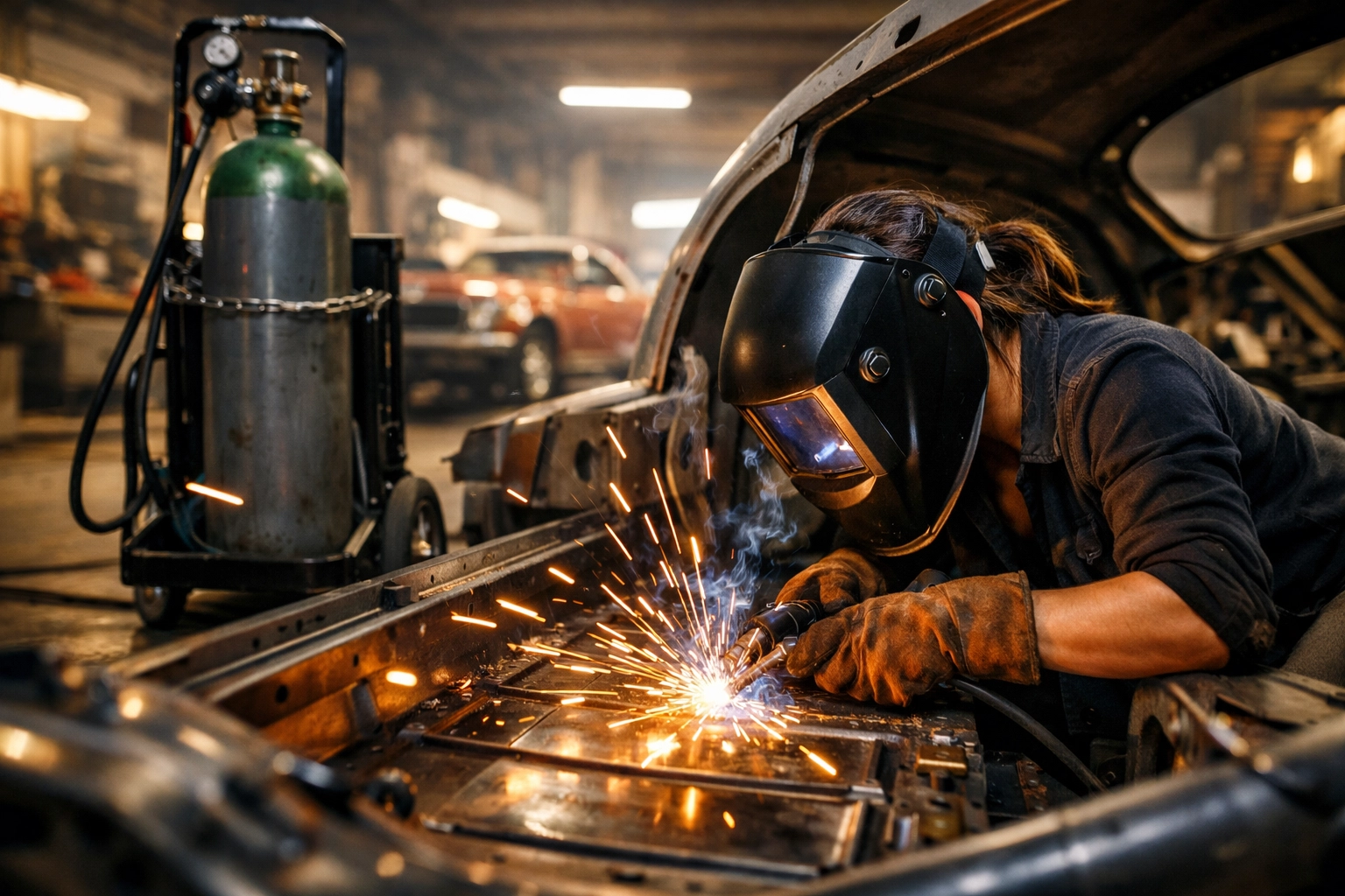 Female hobbyist welding a car floor panel using a 10L refillable gas cylinder in a workshop.