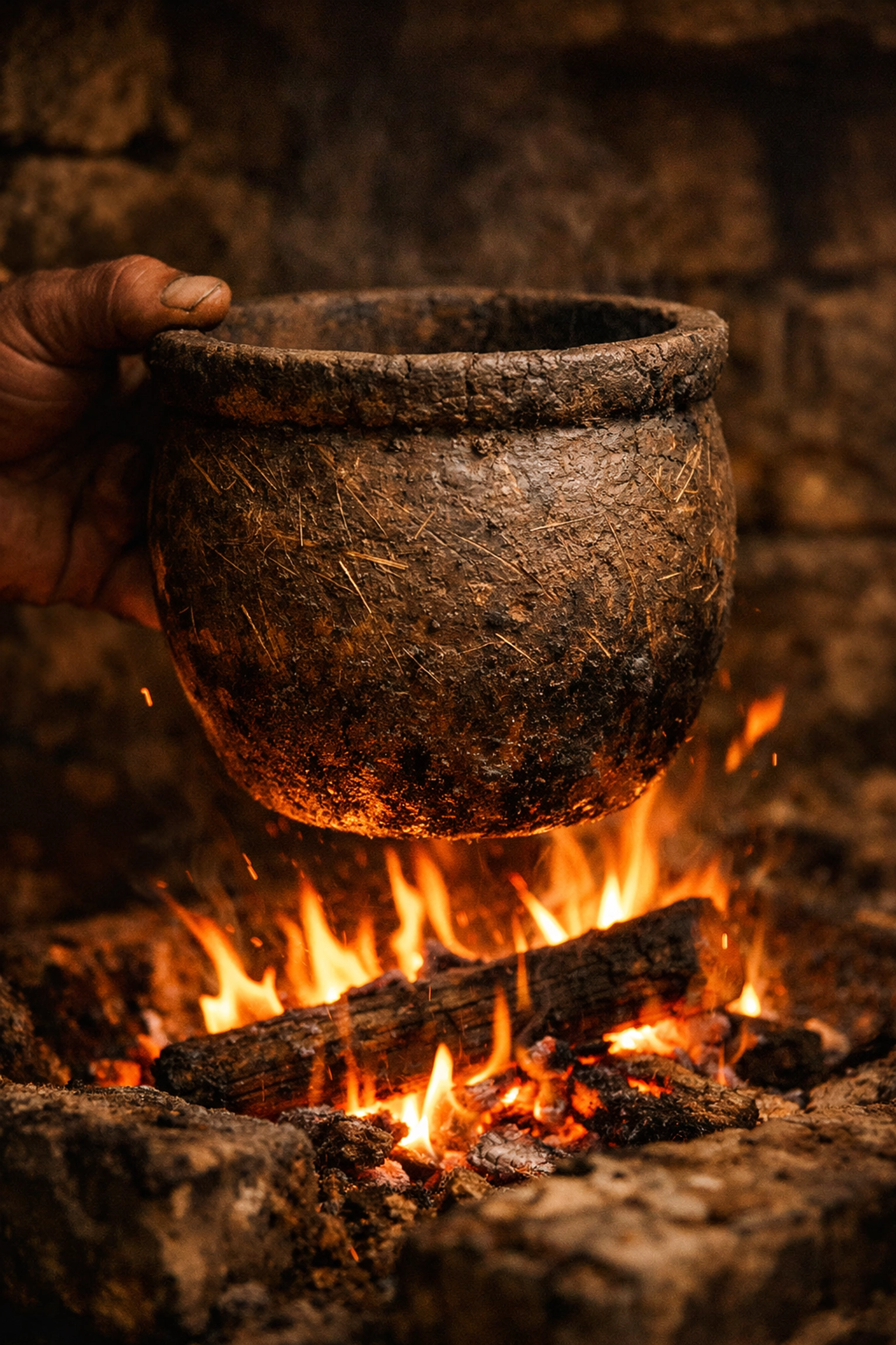 Ancient clay pottery reinforced with natural asbestos fibers being tested over fire.