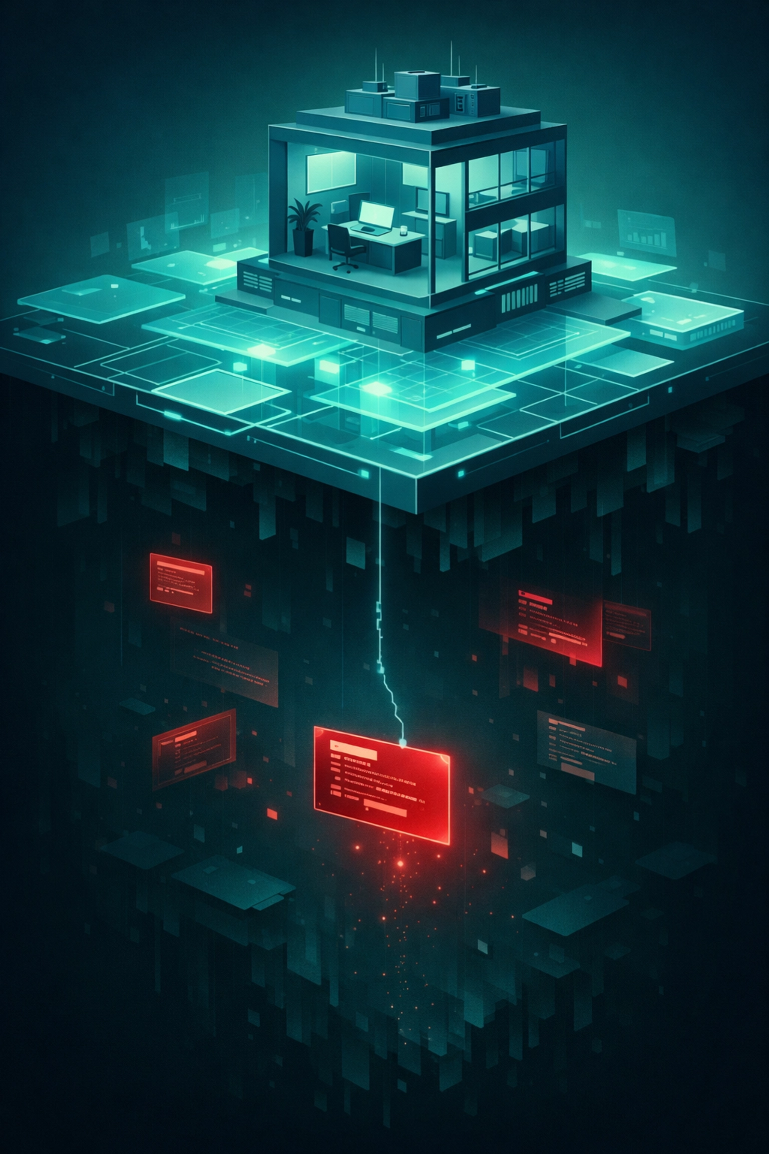 A business office connected to stolen data and leaked credentials hidden on the dark web below.