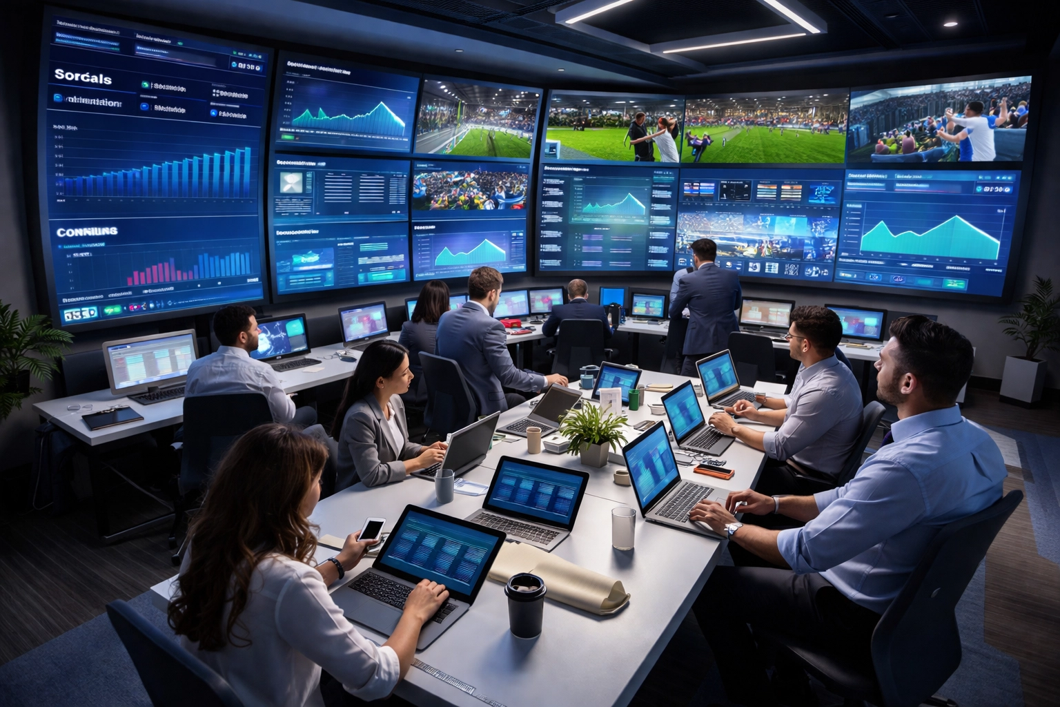 Modern sports marketing team manages multi-platform digital campaigns using live analytics dashboards