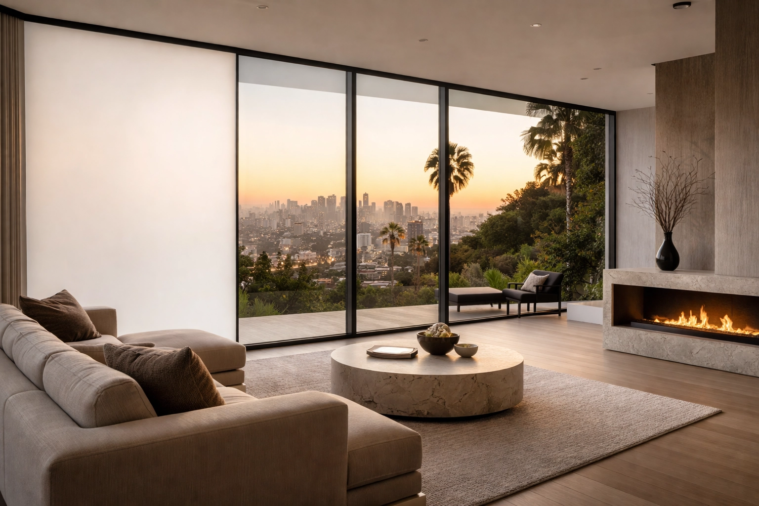 Luxury Los Angeles interior featuring switchable smart glass—clear city views with a panel in frosted privacy mode.