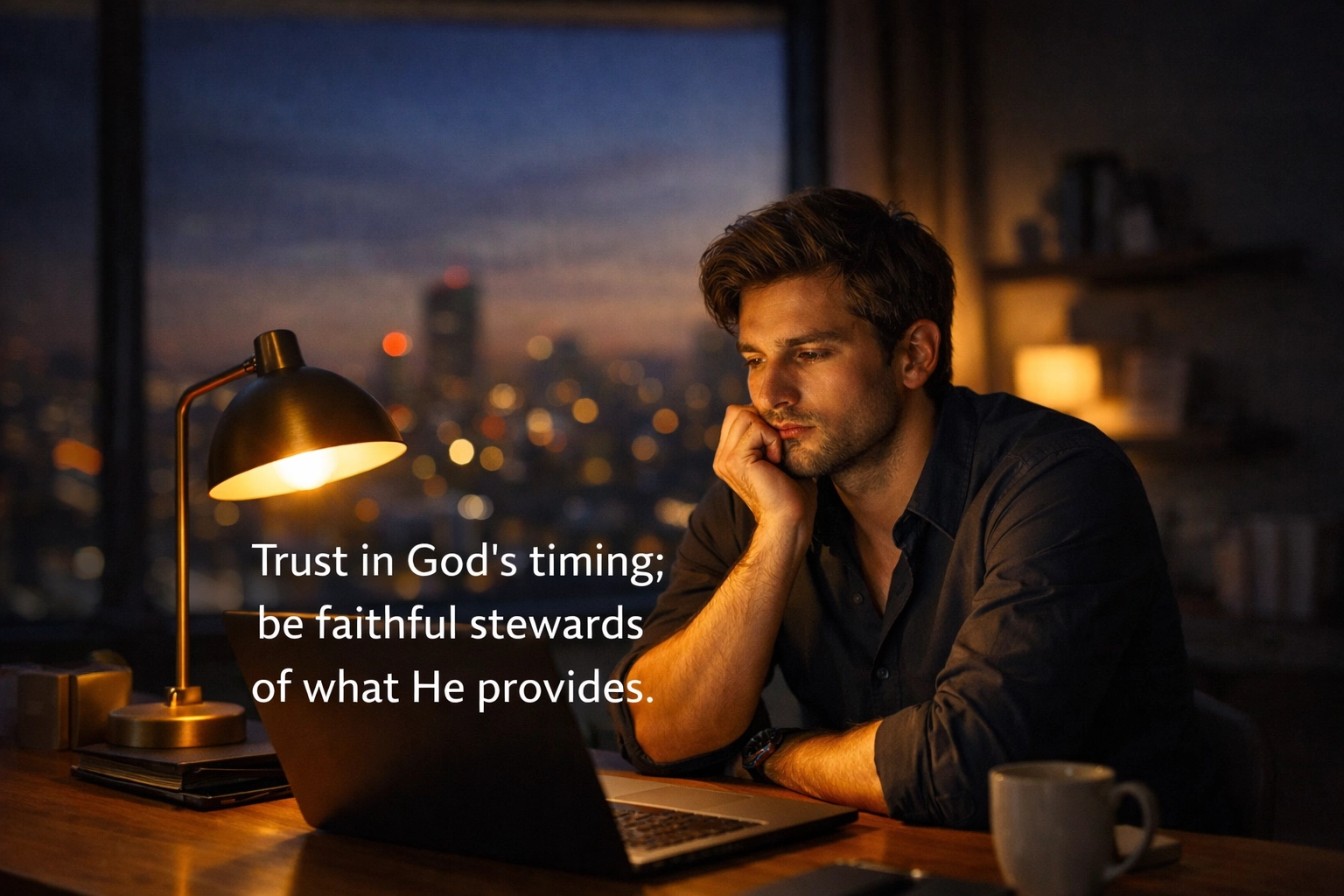 A discouraged young man reflects at his desk, wrestling with God's timing, stewardship, and unanswered prayers.