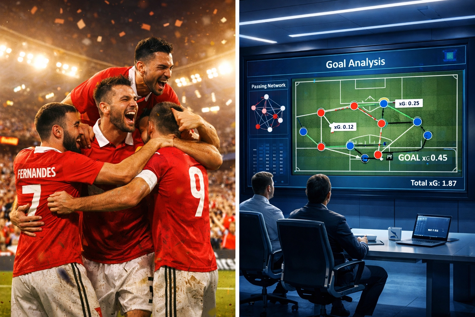 Vergleich zwischen Torjubel im Stadion und taktischer Spielanalyse mit xG-Daten