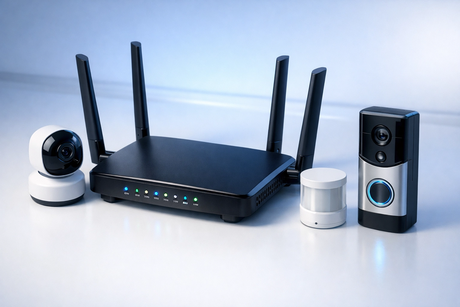 WiFi router with connected smart home security devices including cameras and sensors