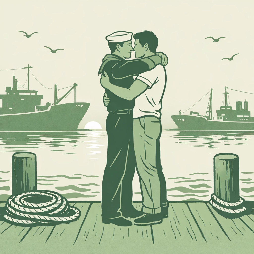 Two male sailors embracing on Mediterranean dock at sunset - MM romance reunion