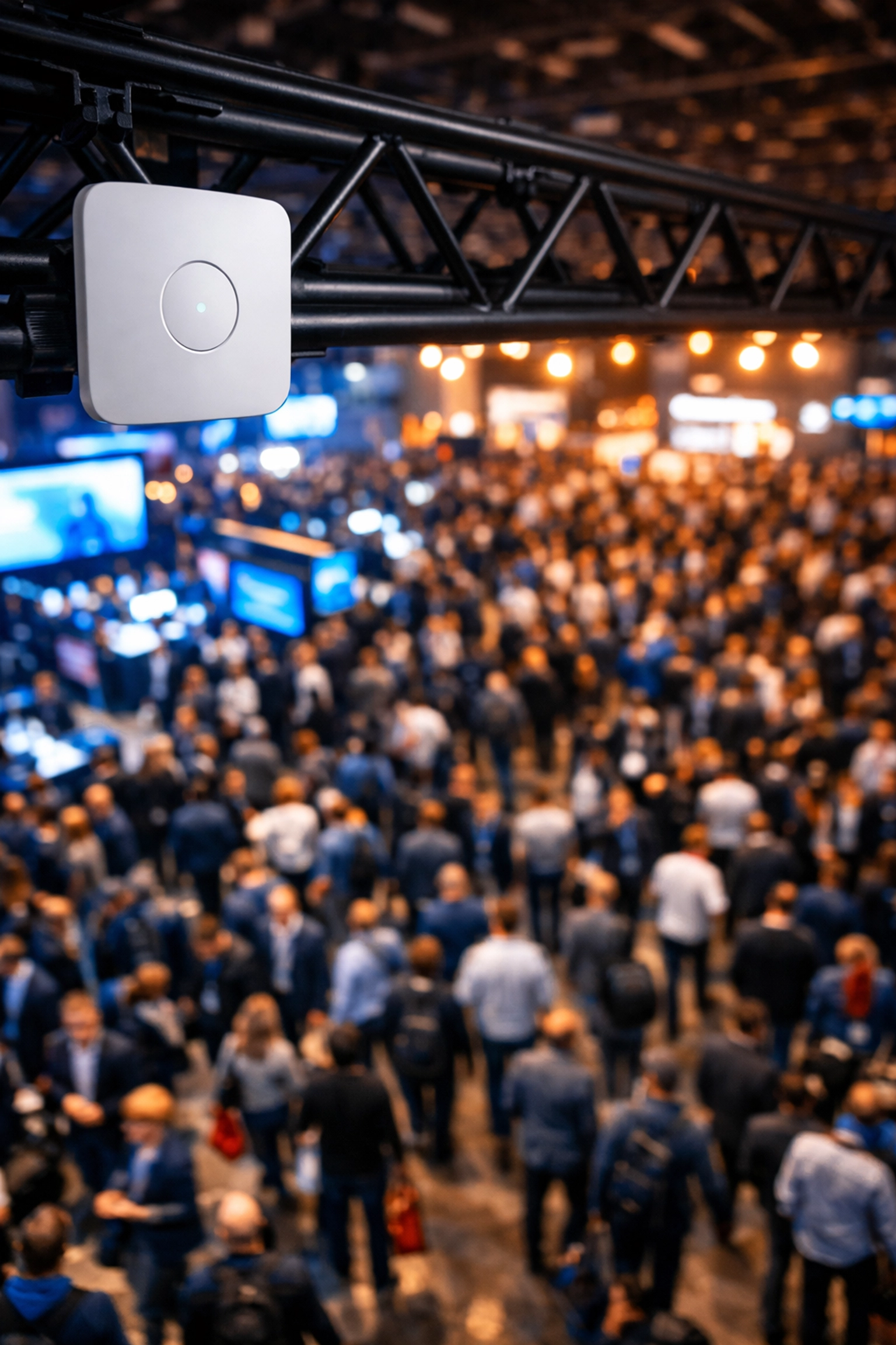 Professional event WiFi access point mounted above a crowded venue to ensure reliable high-speed 6GHz connectivity.