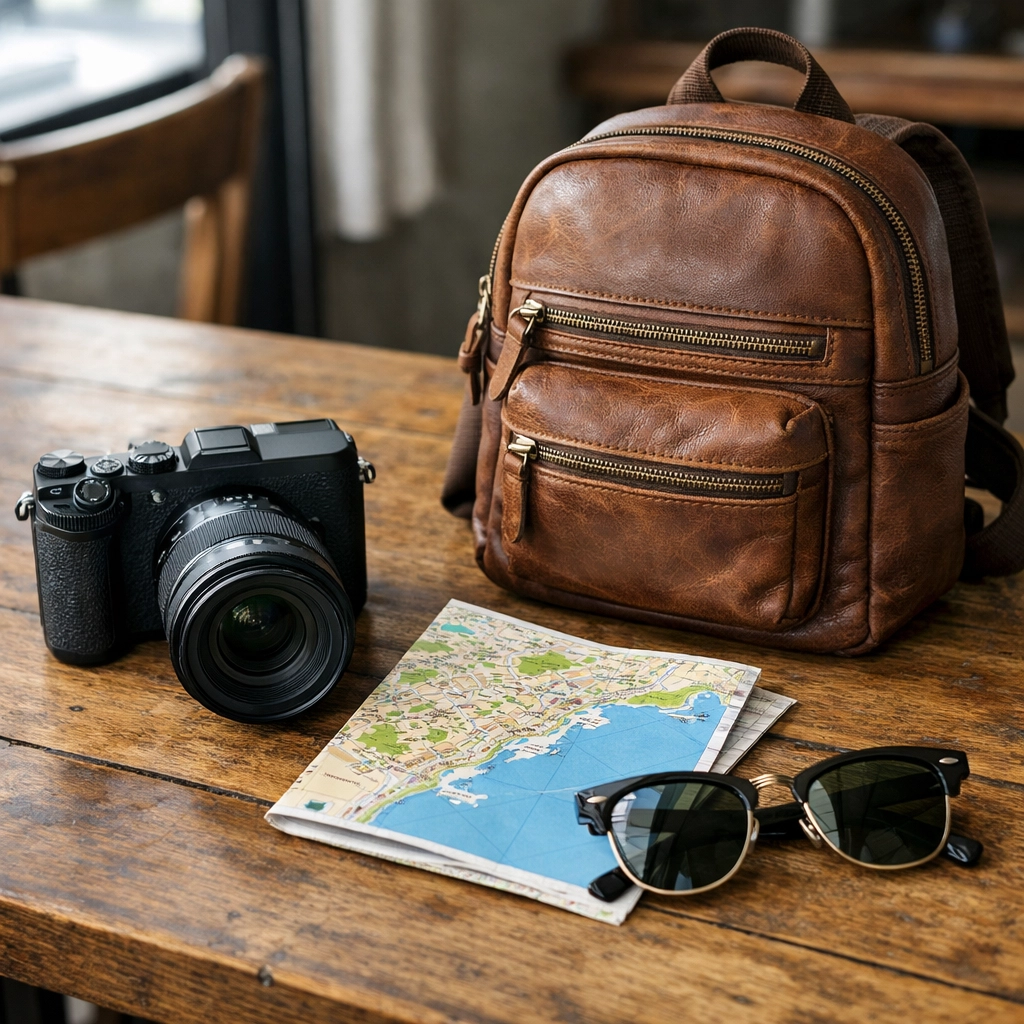 Minimalist travel photography gear and a compact camera on a cafe table for a family trip.