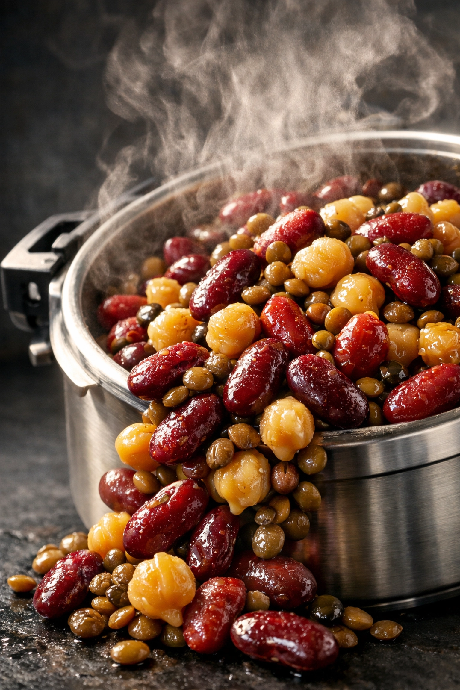 A variety of beans and lentils in a pressure cooker demonstrating lectin neutralization.
