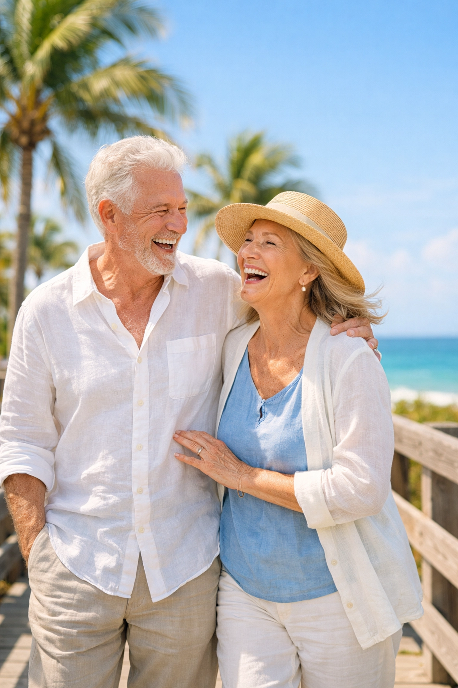 Healthy retired couple enjoying a Florida beach boardwalk with worry-free Medicare Supplement coverage.