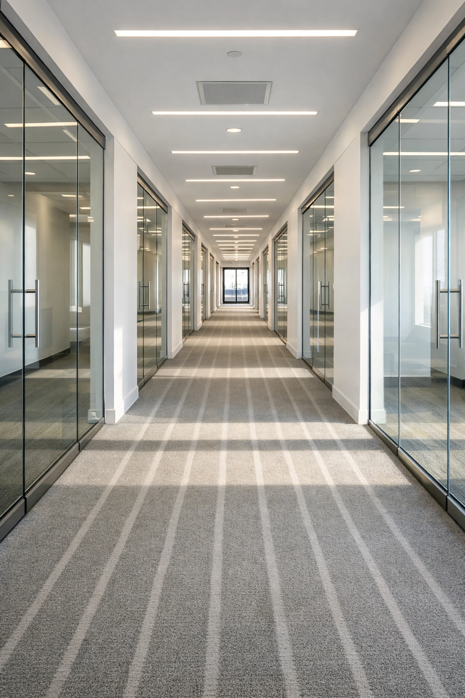 Clean corporate office hallway with fresh vacuum lines demonstrating high-velocity property turnover efficiency.