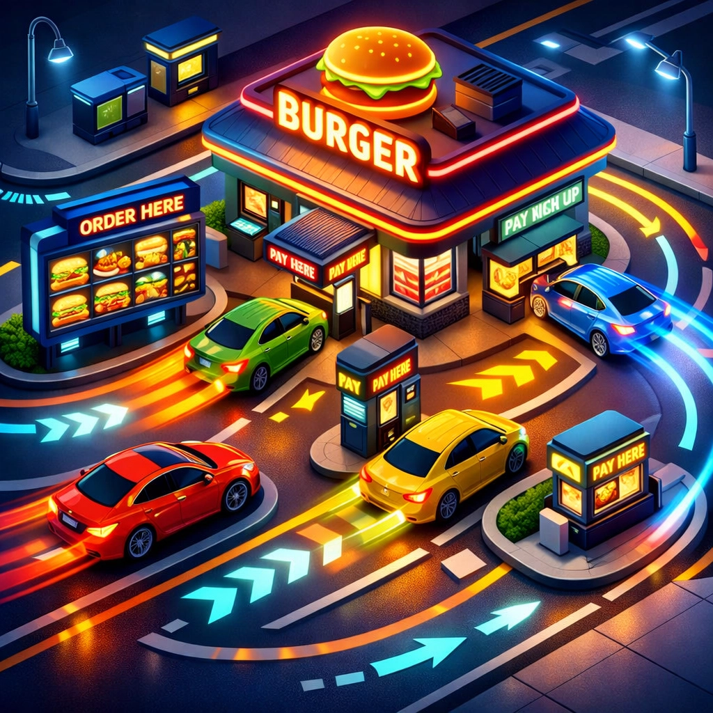 Fast-food drive-thru lane with optimized flow to improve restaurant speed of service.