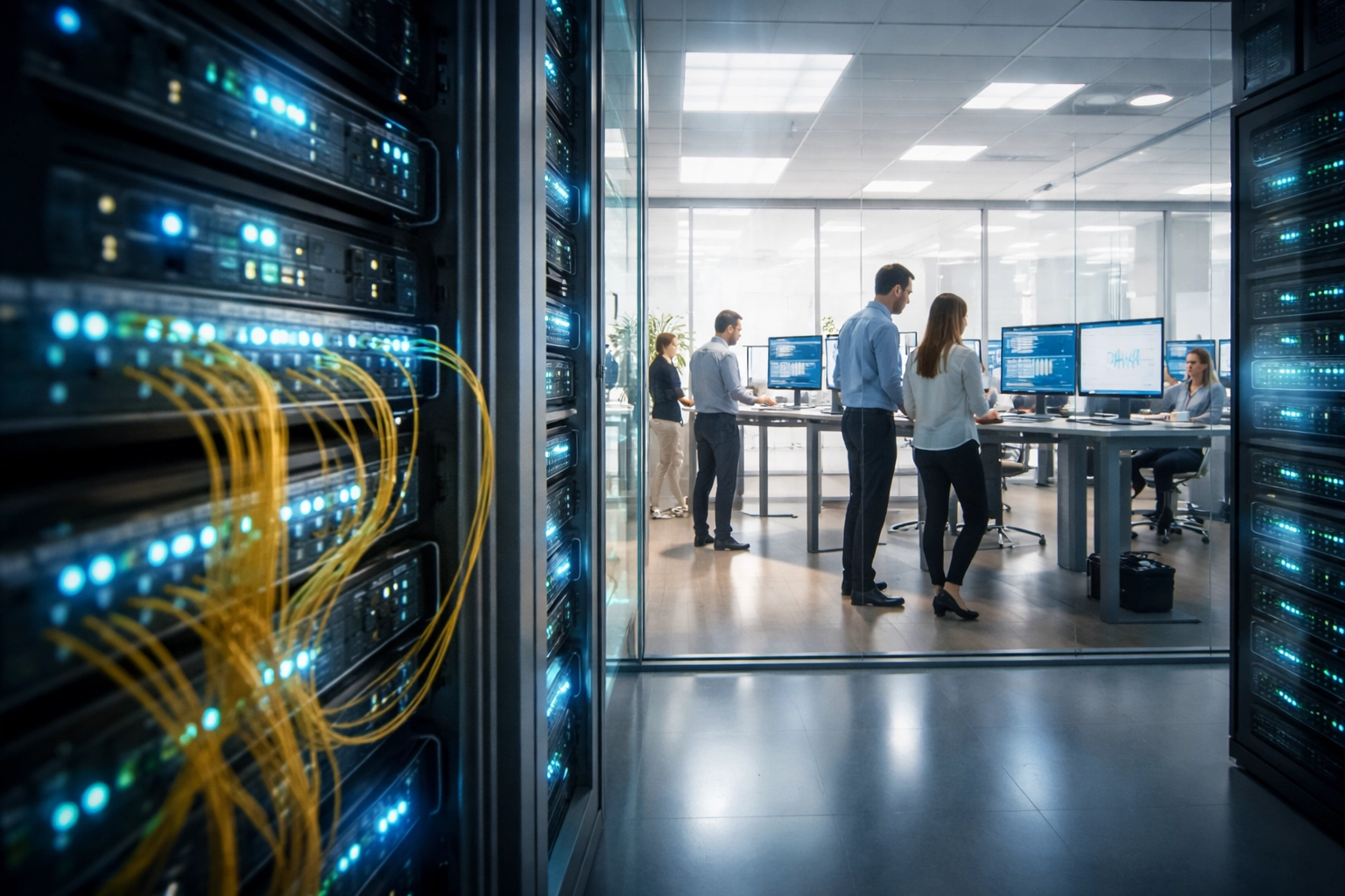 Data center with fiber cables blending into an office where teams work at dashboard monitors, highlighting Workflow Data Fabric integration.