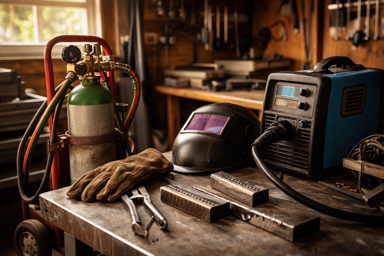 Portable MIG gas cylinder on a welder's workbench in a home workshop, showing practical gas setup.