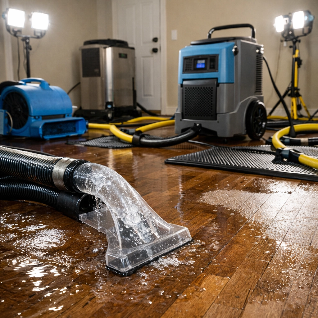 Industrial water extraction equipment and dehumidifiers removing water from flooded room