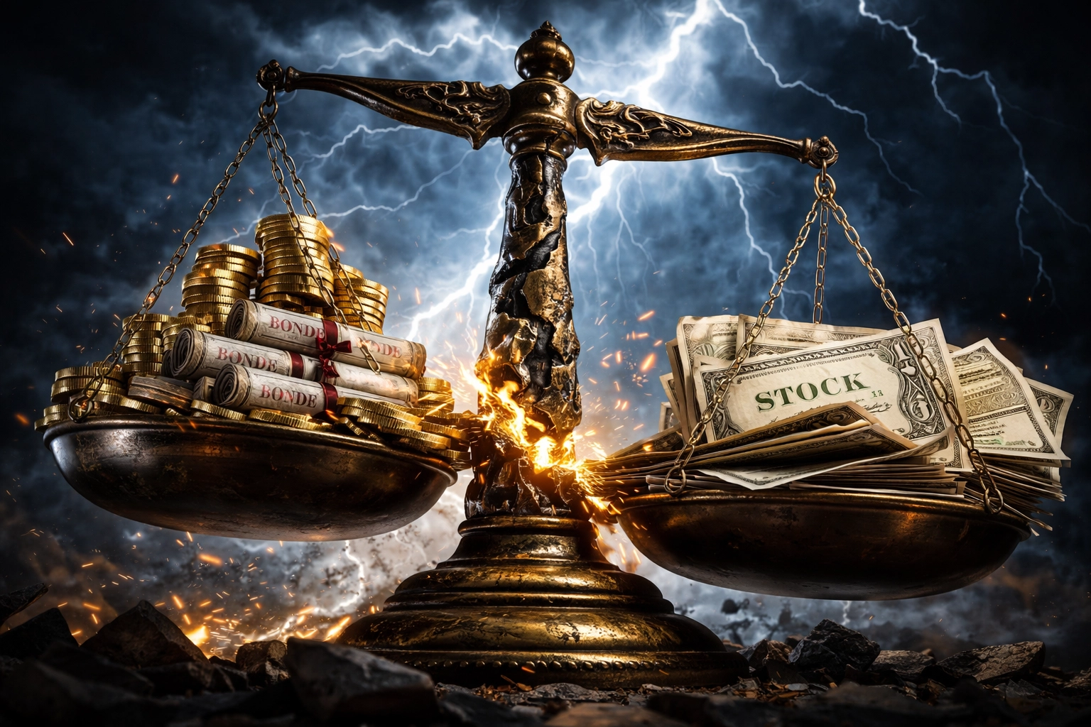 A tilted financial scale under stormy skies symbolizes the instability of traditional 60/40 portfolios during market shifts.