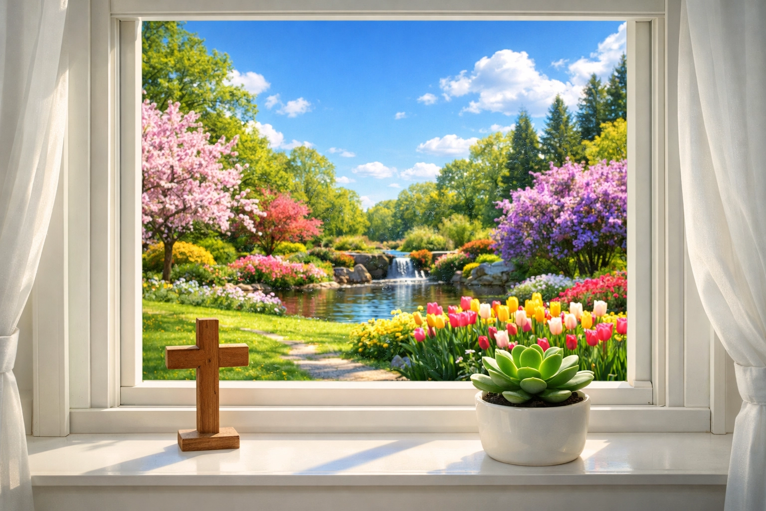 A bright window view of a blooming garden with a wooden cross symbolizing hope for the homebound.