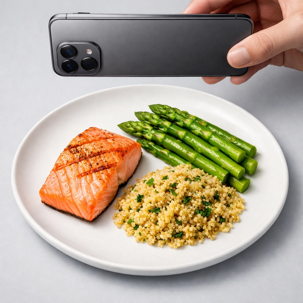 Smartphone scanning a healthy meal for AI macro tracking for weight loss and muscle gain.
