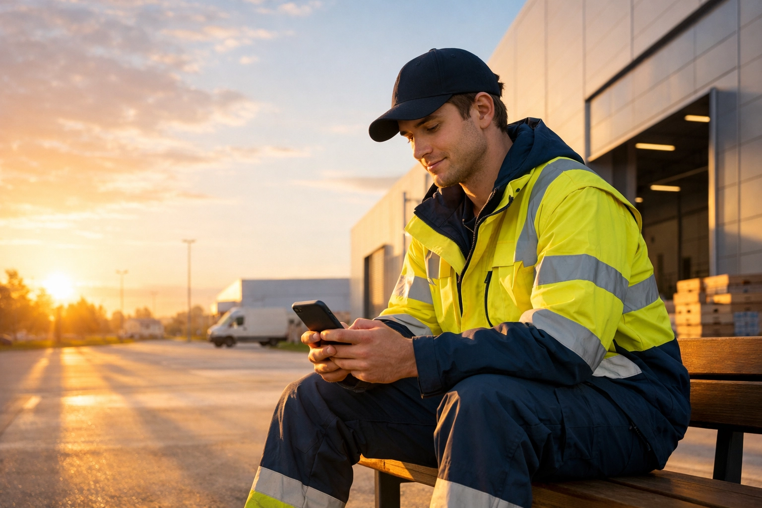 Shift worker using a phone for Bible study at sunrise outside a warehouse.