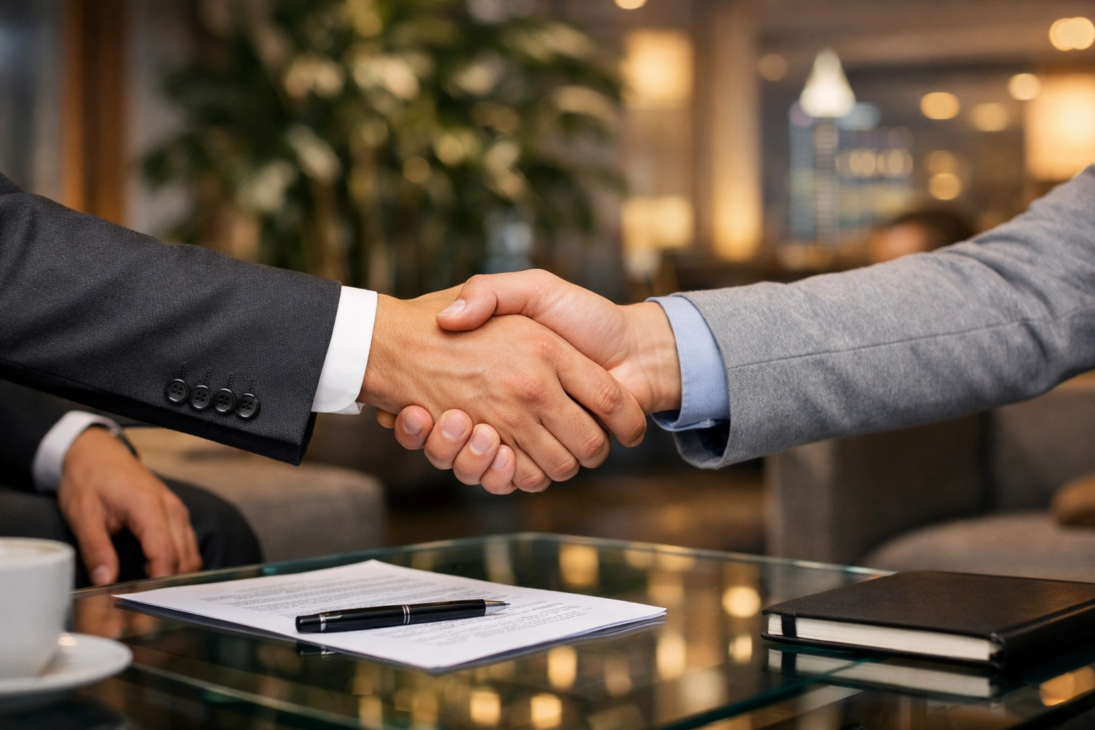 Successful business sale handshake in Raleigh, North Carolina between buyer and seller.